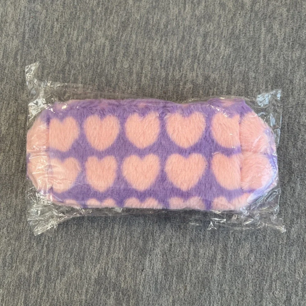 Truly Beauty Makeup Bag Fuzzy Heart Cosmetics Pouch Pink Purple Travel Small NEW